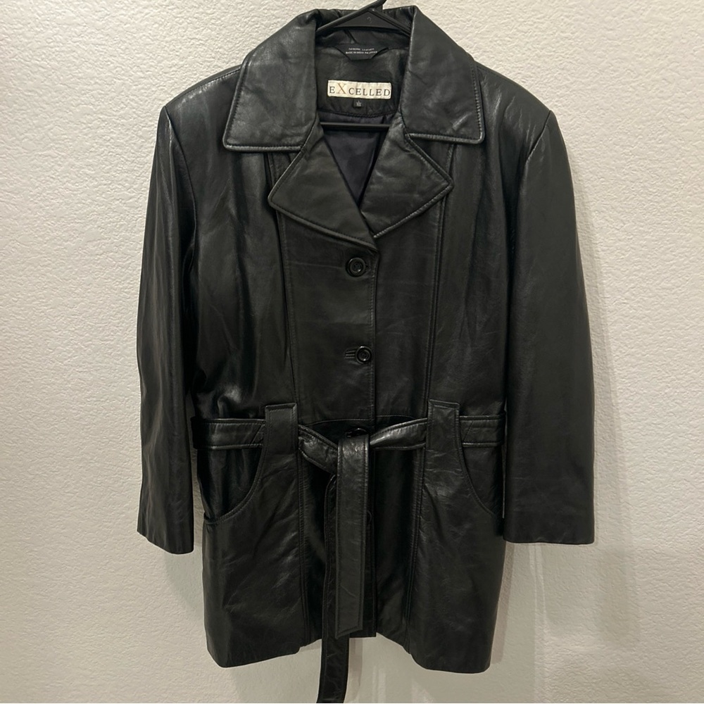 Womens Black Belted Leather Jacket Mid Length Size Large Midi Trench Coat